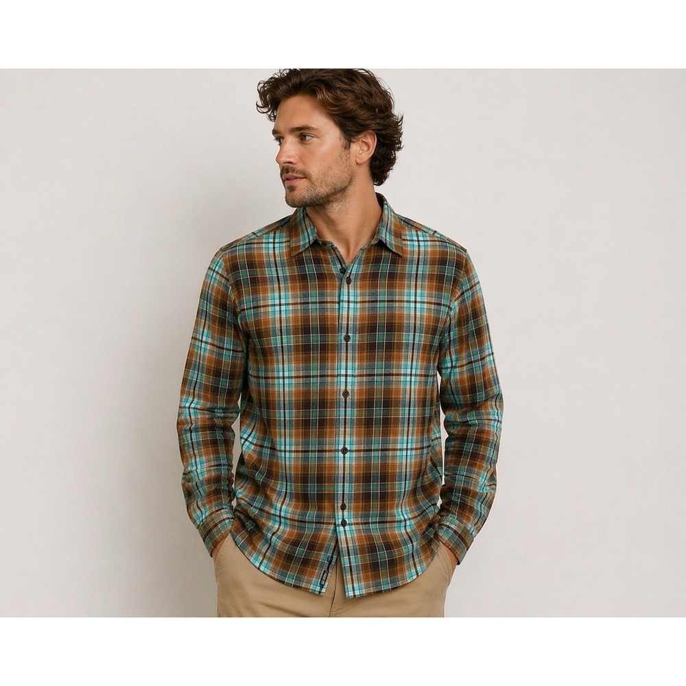 Patagonia Organic Cotton Plaid Button Shirt Mens Medium Brown Teal